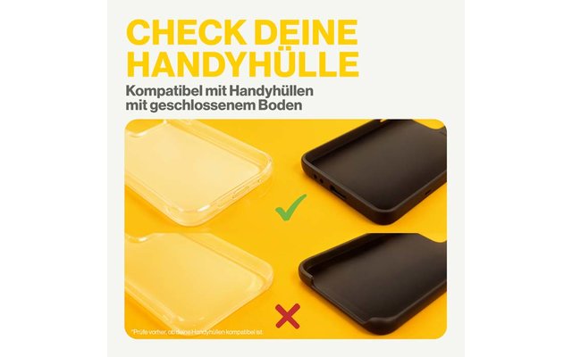 Vier Smartphone-Hüllen auf gelbem Hintergrund: zwei transparente links, zwei schwarze rechts. Grünes Häkchen zwischen dem oberen Paar, rotes Kreuz zwischen dem unteren Paar. Großer gelber Schriftzug oben: "CHECK DEINE HANDYHÜLLE". Kleiner schwarzer T