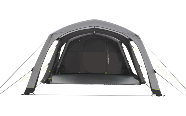 Ein großes graues Zelt mit geöffnetem Eingang und grünen Akzenten