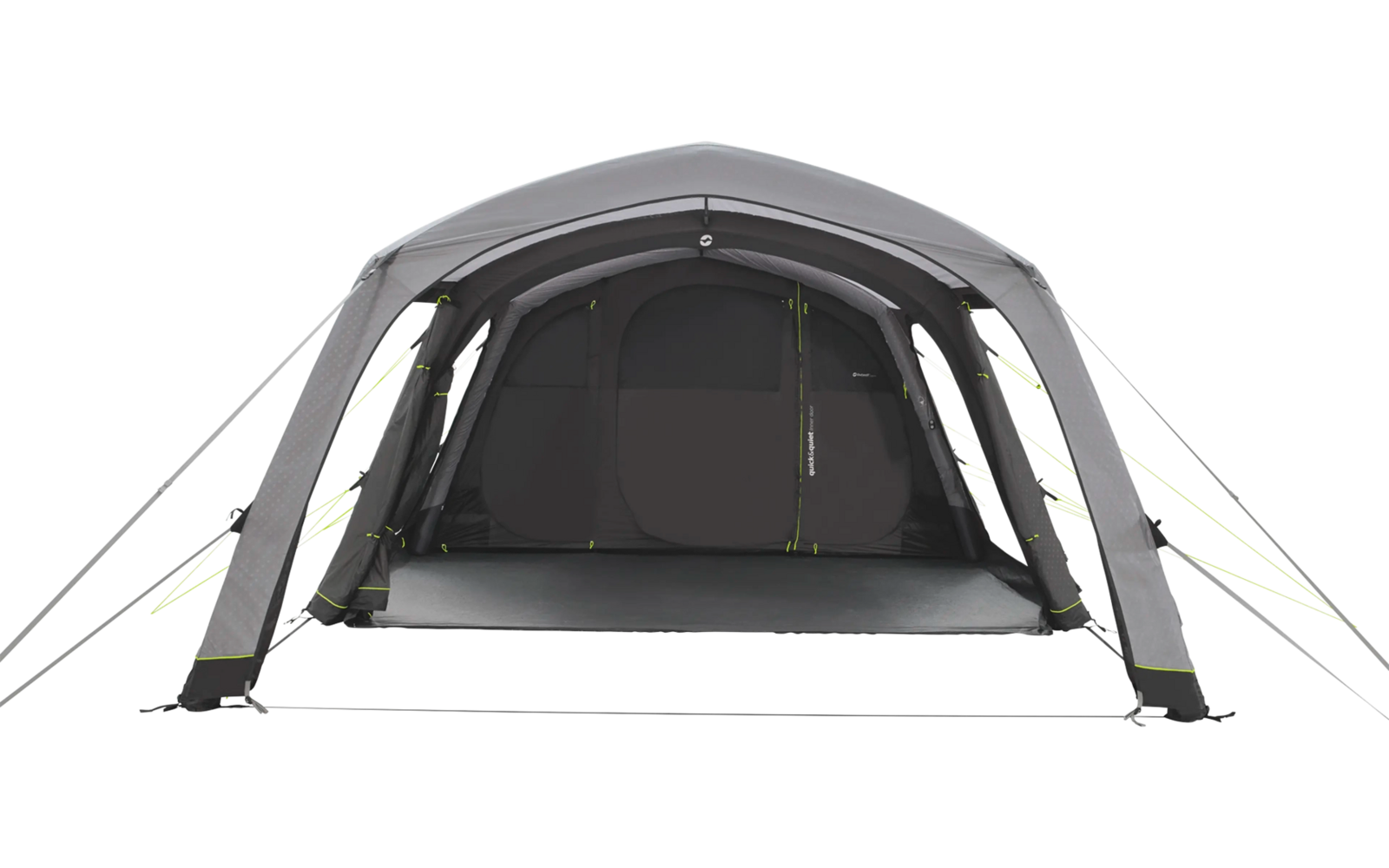 Ein großes graues Zelt mit geöffnetem Eingang und grünen Akzenten