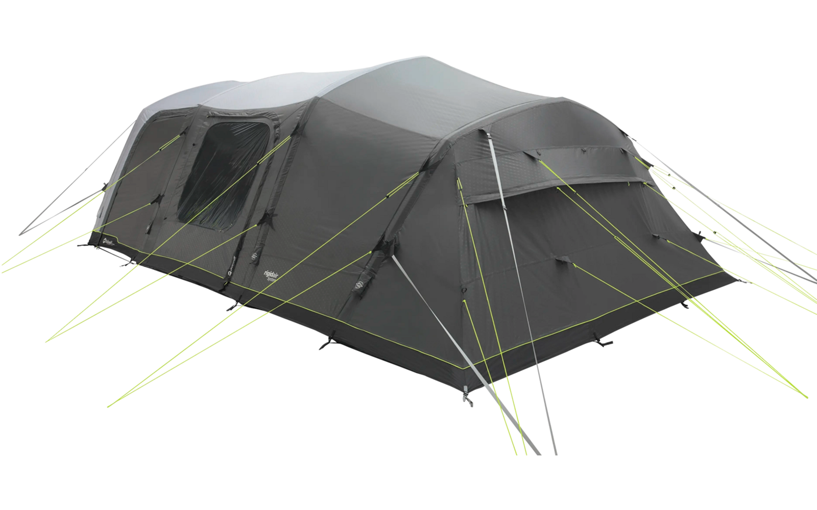 Ein großes, graues Zelt mit zwei Eingängen steht auf einem grünen Boden