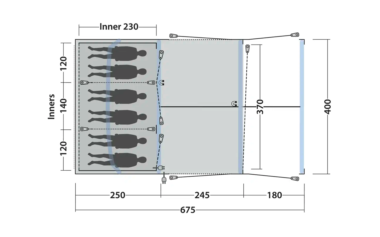Seitenansicht eines Fahrzeugs mit sechs sitzenden Personen und Maßen in Zentimetern