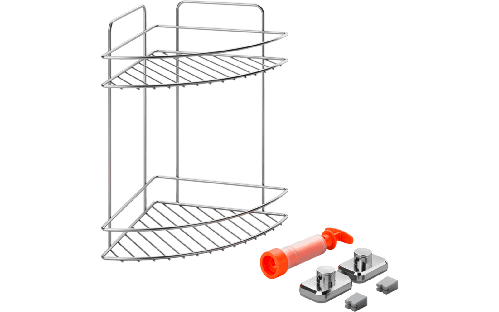 Étagère métallique triangulaire à deux niveaux avec plateaux à barreaux et quatre tiges verticales ; à côté, une pièce cylindrique en plastique orange, deux plaques de fixation rectangulaires argentées et deux petits éléments en plastique gris