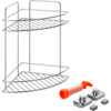 Étagère métallique triangulaire à deux niveaux avec plateaux à barreaux et quatre tiges verticales ; à côté, une pièce cylindrique en plastique orange, deux plaques de fixation rectangulaires argentées et deux petits éléments en plastique gris