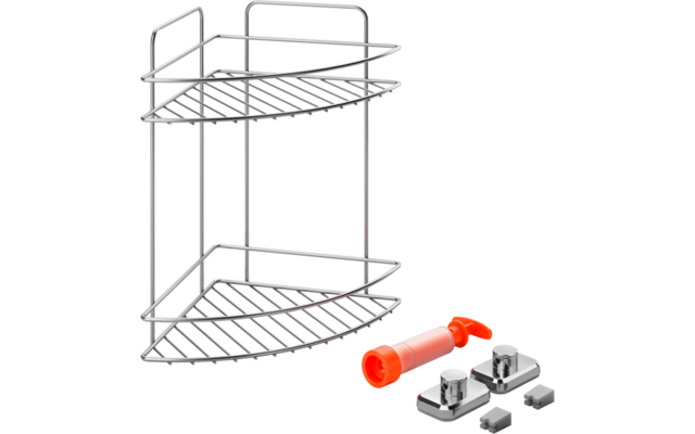 Étagère métallique triangulaire à deux niveaux avec plateaux à barreaux et quatre tiges verticales ; à côté, une pièce cylindrique en plastique orange, deux plaques de fixation rectangulaires argentées et deux petits éléments en plastique gris