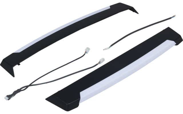 Two elongated light fixtures with white diffuser panels and black end caps, beside two cables with connectors