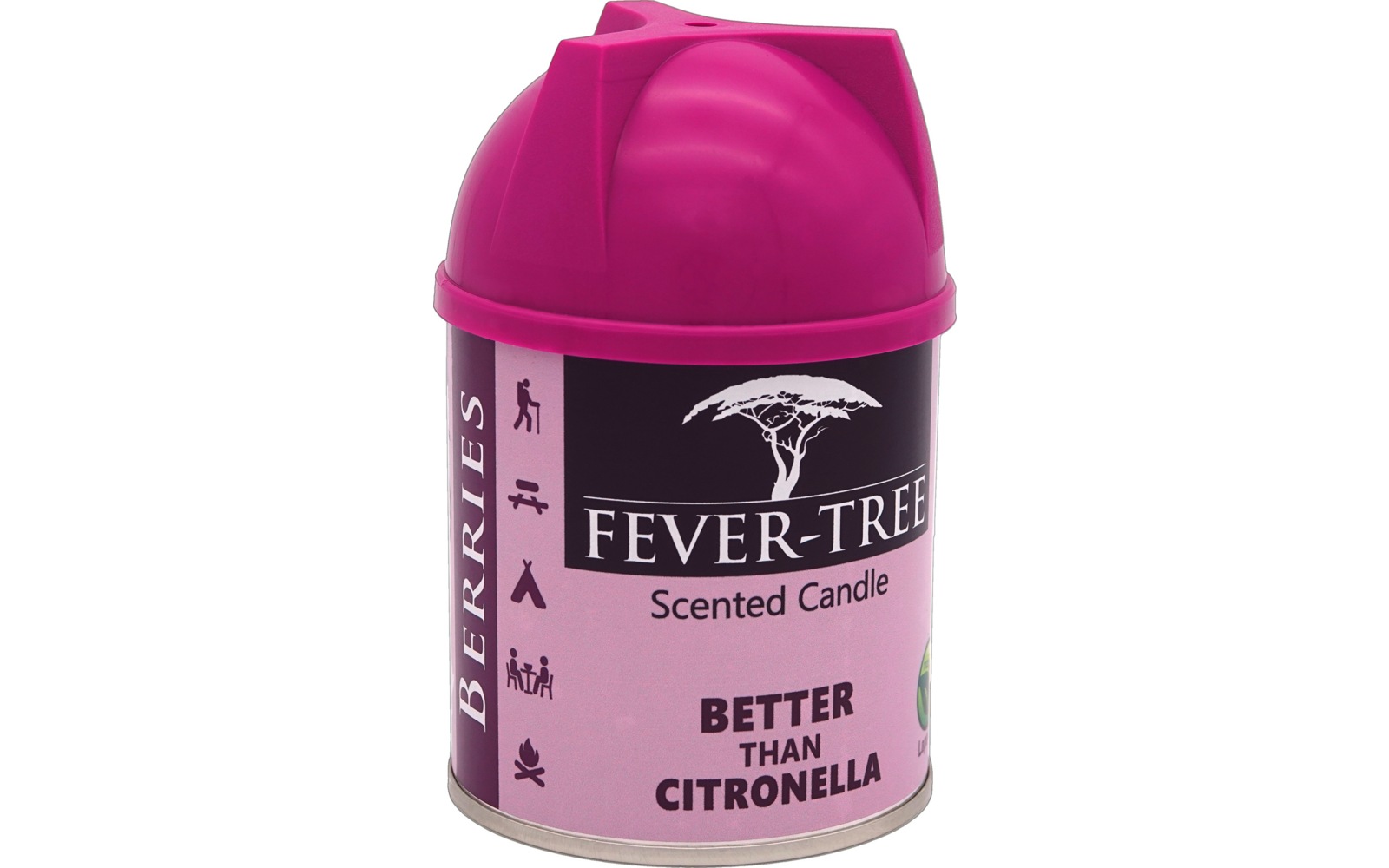 Eine Flasche Fever-Tree Scented Candle mit Duft Betten mit Citronella, rosa und lila Etikett und pinkem Deckel