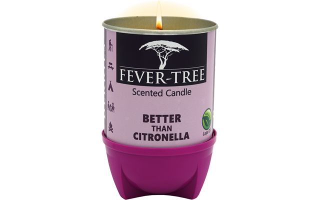 Eine lila Duftkerze mit gelbem Deckel und Aufschrift ‚Fever-Tree Scented Candle Better Than Premium Tonic Water‘