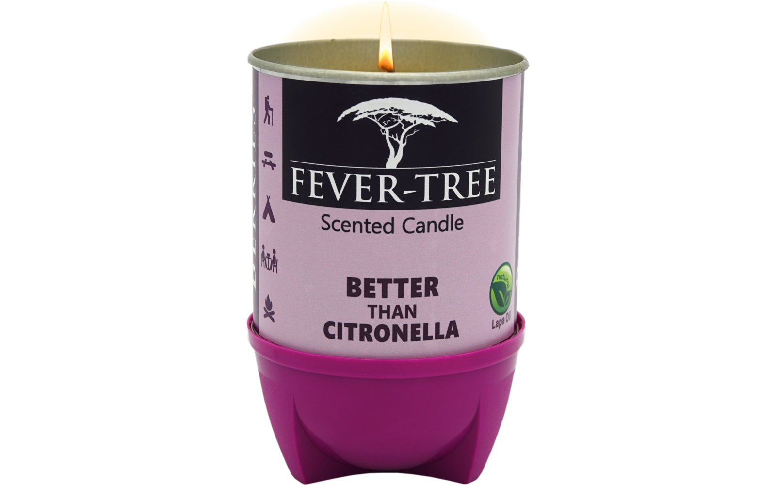 Eine lila Duftkerze mit gelbem Deckel und Aufschrift ‚Fever-Tree Scented Candle Better Than Premium Tonic Water‘