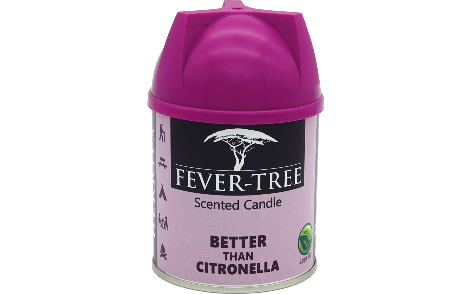 Rosa Duftkerze in einer Dose mit Aufschrift 'Fever-Tree Better than Citronella'