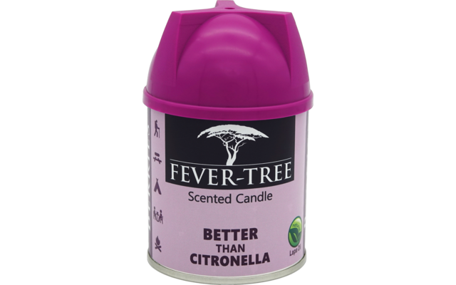 Rosa Duftkerze in einer Dose mit Aufschrift 'Fever-Tree Better than Citronella'