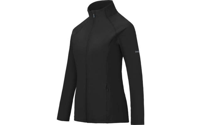 Chaqueta negra con cremallera central, cuello alto, mangas largas, bolsillo lateral con cremallera y pequeño logo en la parte superior del brazo izquierdo