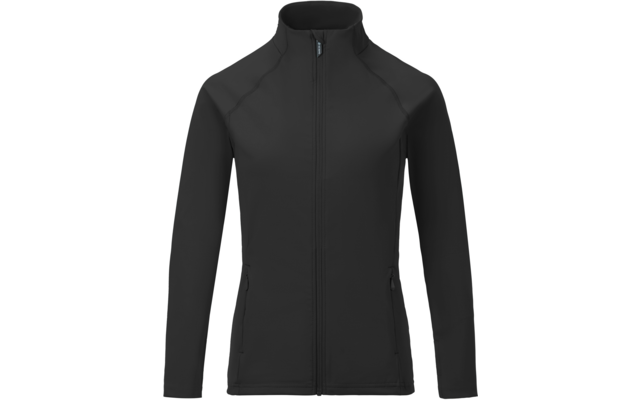 Chaqueta negra lisa con cremallera frontal completa, cuello alto, mangas largas y dos bolsillos laterales con cremallera