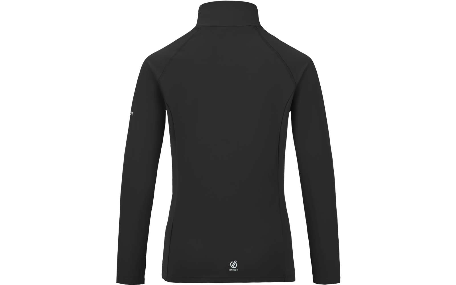 Chaqueta negra vista por detrás con cuello alto, mangas largas y pequeño logo en la parte baja de la espalda