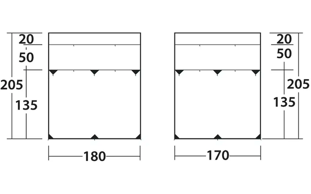 Zwei technische Zeichnungen mit Maßeinheiten in Millimetern, Darstellung von Seitenansichten eines Objekts