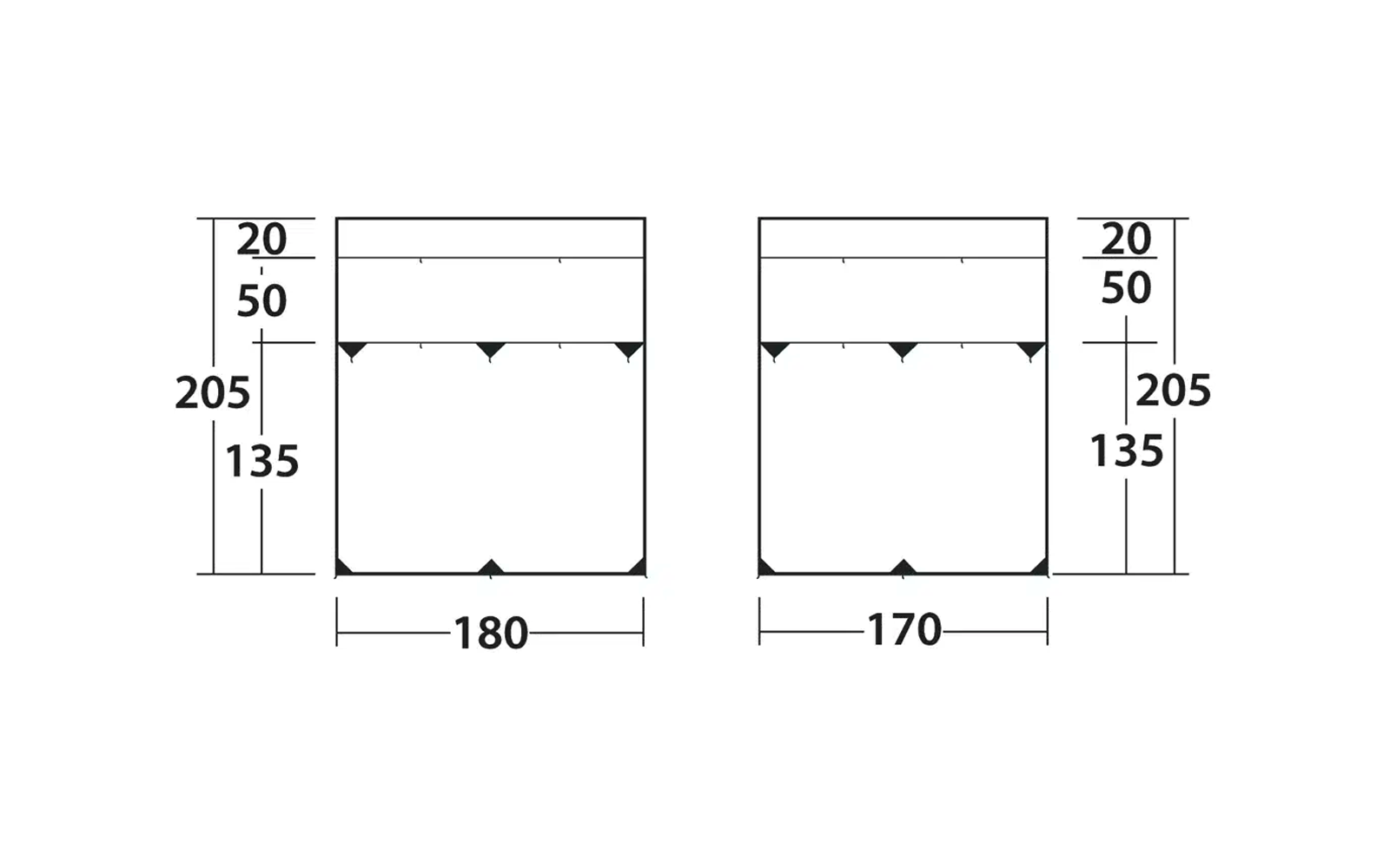 Zwei technische Zeichnungen mit Maßeinheiten in Millimetern, Darstellung von Seitenansichten eines Objekts