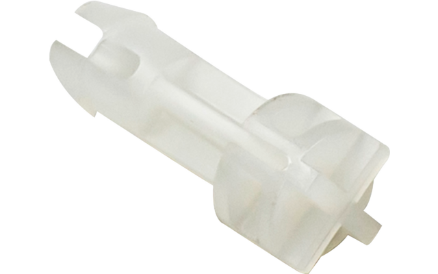 Corps en plastique blanc translucide, allongé, une extrémité avec une fourche à deux branches, l'autre avec une base ronde élargie et un petit tenon central