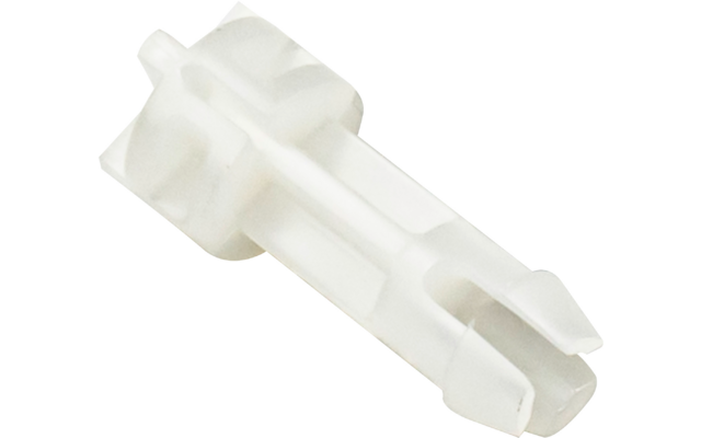 Pièce en plastique blanche et allongée, avec un arrière cylindrique et une extrémité avant en forme de fourche