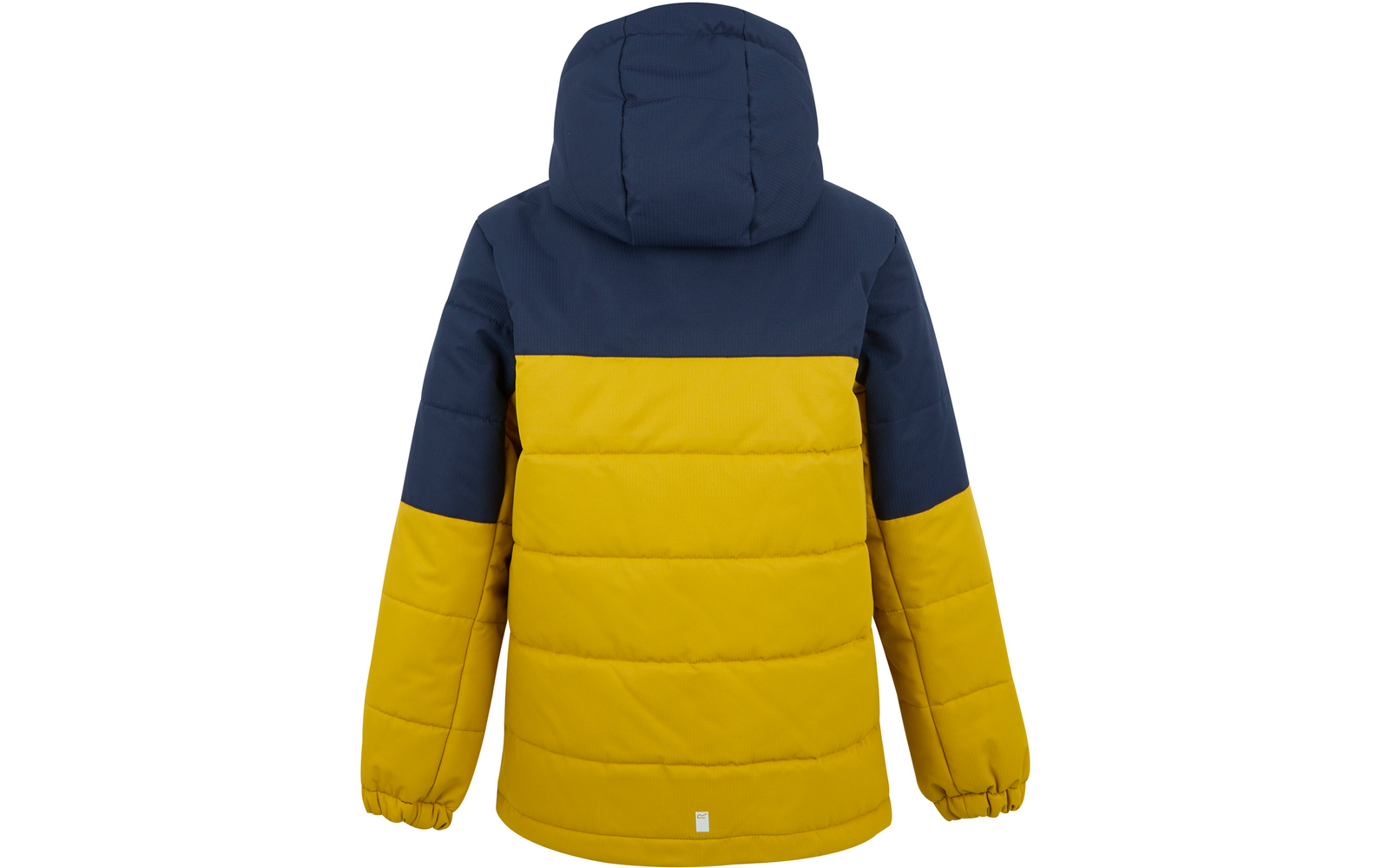 Blau-gelbe Winterjacke mit Kapuze von hinten