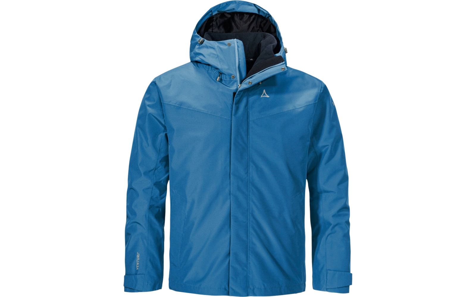 Blaue gefütterte Jacke mit Kapuze, Frontreißverschluss und langen Ärmeln