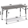 Rechteckiger grauer Tisch mit geteilter Mittelnaht und Scharnier, höhenverstellbare silberne Metallbeine mit schwarzen Fußkappen, umliegende Maßpfeile und Zahlen (120, 70, 43/70, 40, 20, 109, 113), weißer Hintergrund