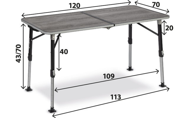 Rechteckiger grauer Tisch mit geteilter Mittelnaht und Scharnier, höhenverstellbare silberne Metallbeine mit schwarzen Fußkappen, umliegende Maßpfeile und Zahlen (120, 70, 43/70, 40, 20, 109, 113), weißer Hintergrund