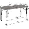 Rechteckiger grauer Tisch mit geteilter Mittelnaht und Scharnier, höhenverstellbare silberne Metallbeine mit schwarzen Fußkappen, umliegende Maßpfeile und Zahlen (120, 70, 43/70, 40, 20, 109, 113), weißer Hintergrund