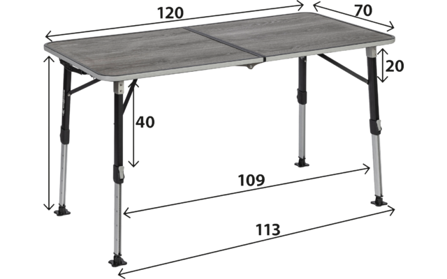 Rechteckiger grauer Tisch mit geteilter Mittelnaht und Scharnier, höhenverstellbare silberne Metallbeine mit schwarzen Fußkappen, umliegende Maßpfeile und Zahlen (120, 70, 43/70, 40, 20, 109, 113), weißer Hintergrund