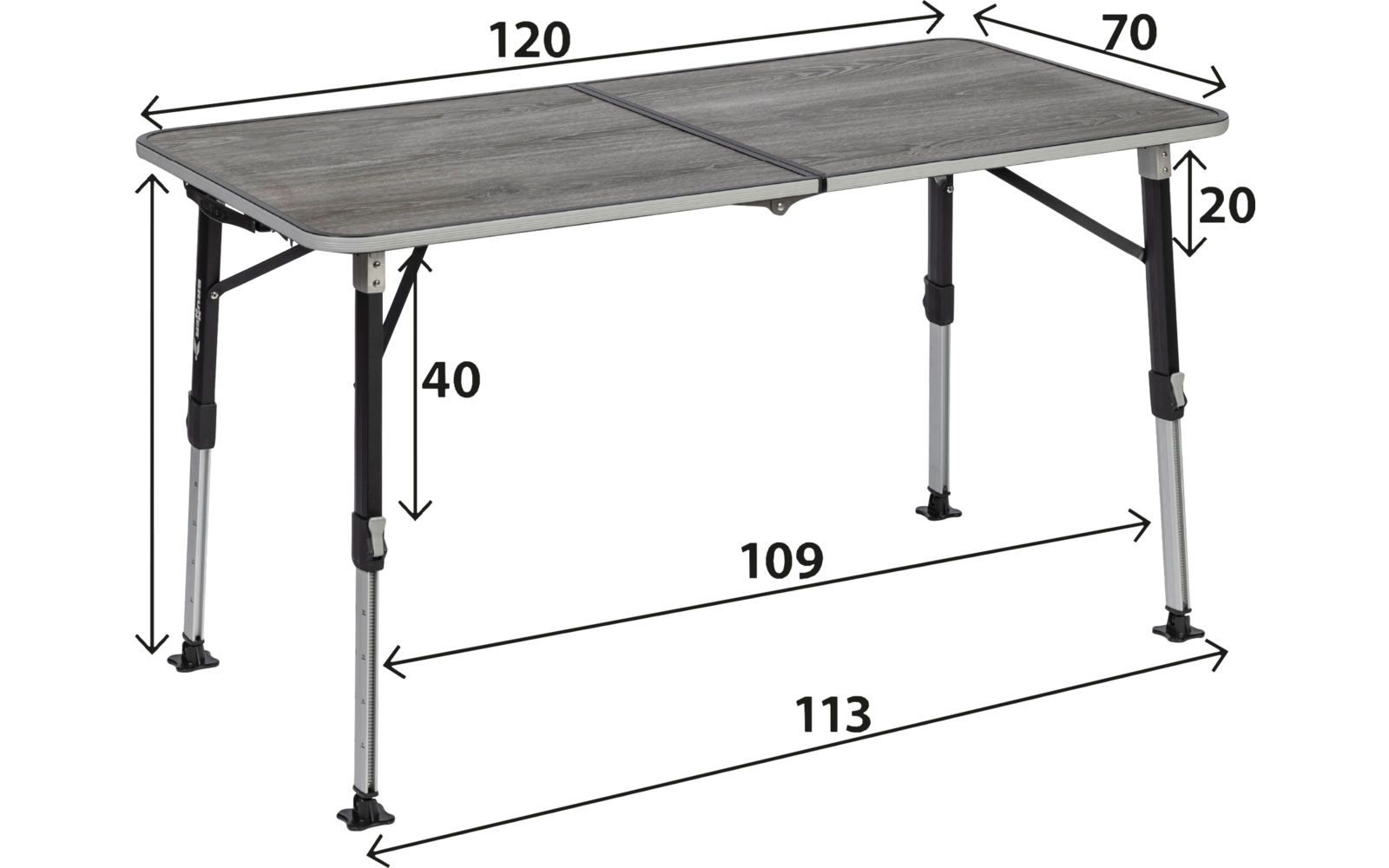 Rechteckiger grauer Tisch mit geteilter Mittelnaht und Scharnier, höhenverstellbare silberne Metallbeine mit schwarzen Fußkappen, umliegende Maßpfeile und Zahlen (120, 70, 43/70, 40, 20, 109, 113), weißer Hintergrund