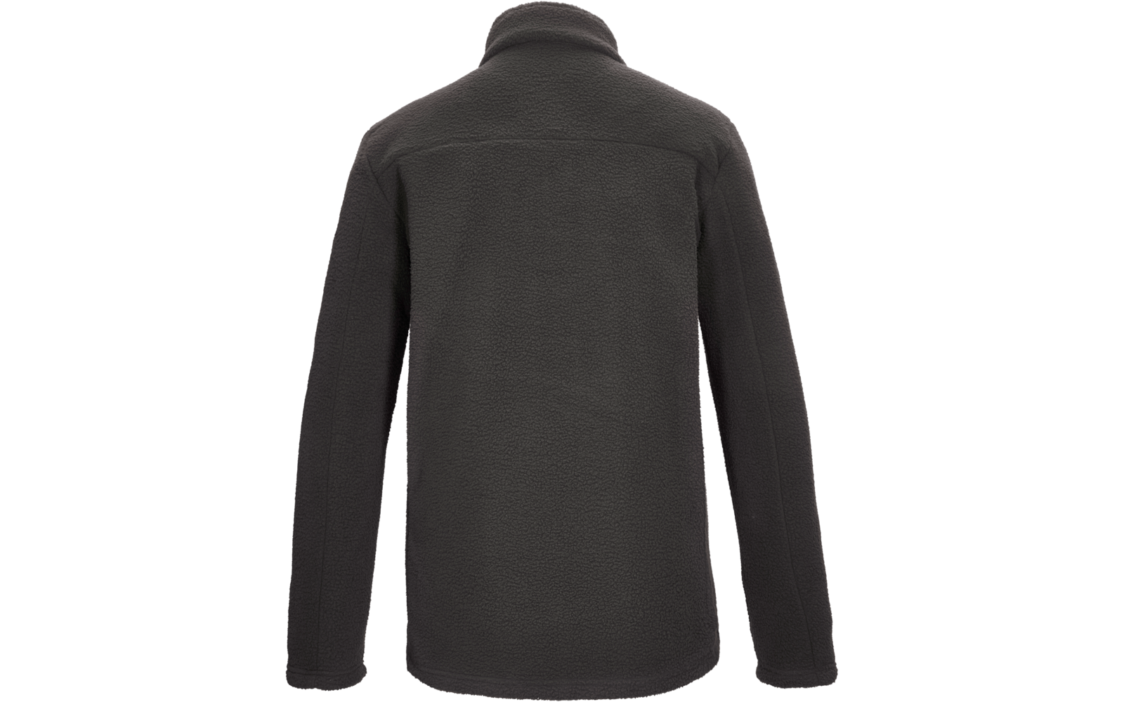 Rückansicht einer dunkelgrauen Fleecejacke mit Stehkragen, langen Ärmeln und einer horizontalen Naht am oberen Rücken