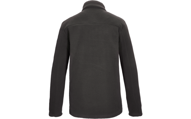 Rückansicht einer dunkelgrauen Fleecejacke mit Stehkragen, langen Ärmeln und einer horizontalen Naht am oberen Rücken