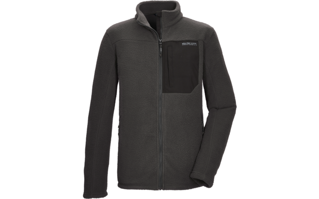 Dunkelgraue Fleecejacke mit durchgehendem Reißverschluss, Stehkragen, links aufgesetzter Brusttasche mit Reißverschluss und kleinem Logo, zwei seitliche Reißverschlusstaschen