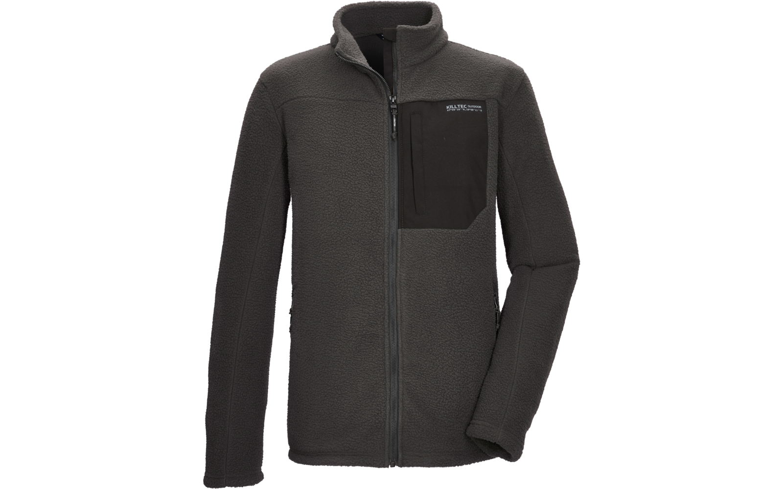 Dunkelgraue Fleecejacke mit durchgehendem Reißverschluss, Stehkragen, links aufgesetzter Brusttasche mit Reißverschluss und kleinem Logo, zwei seitliche Reißverschlusstaschen