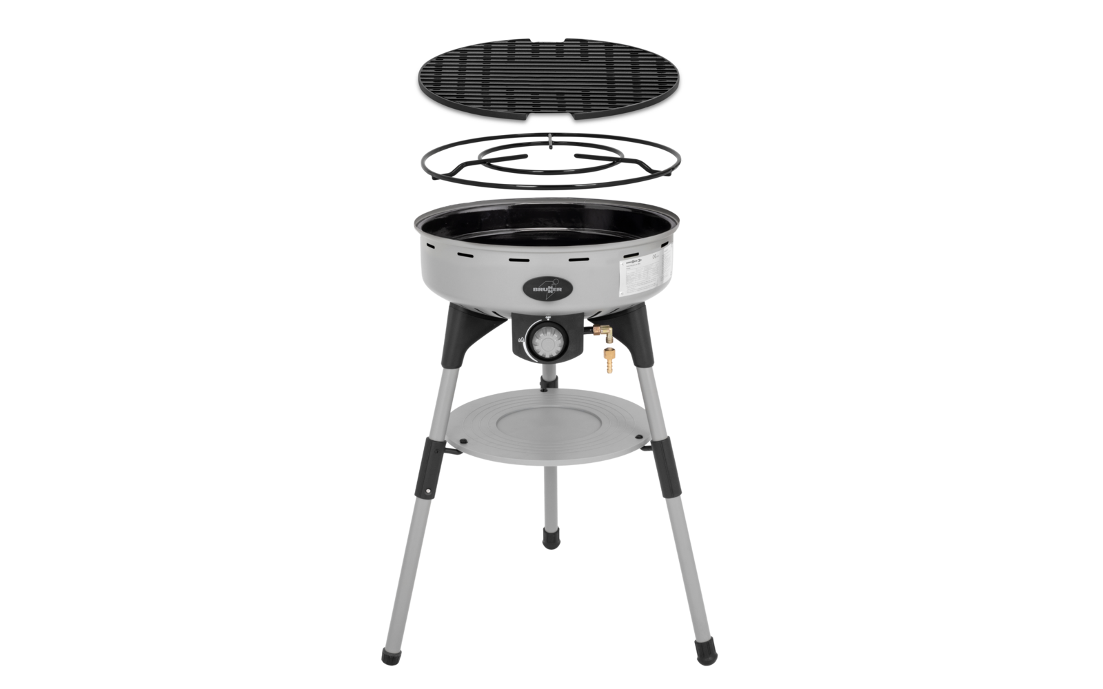 Parrilla con tapa abierta y rejilla removida sobre un soporte de tres patas