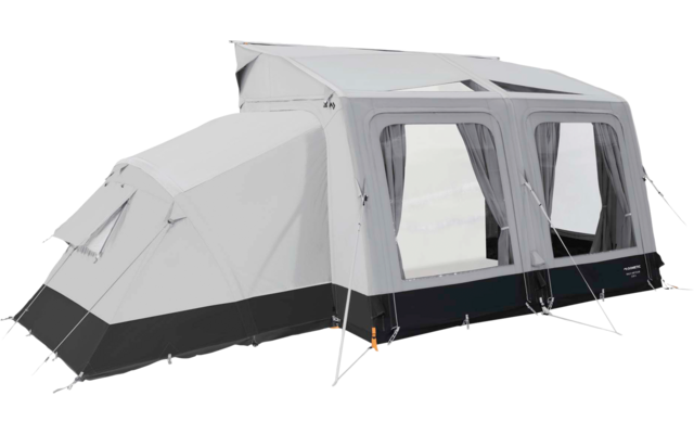 Großes hellgraues Vorzelt mit drei rechteckigen Fenstern, schwarzem Saum und mehreren Abspannleinen