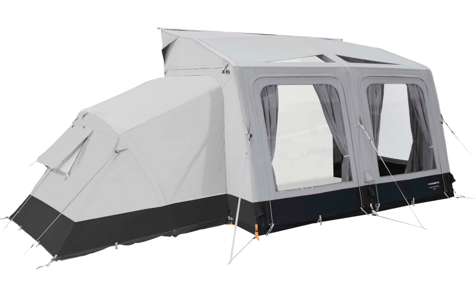 Großes hellgraues Vorzelt mit drei rechteckigen Fenstern, schwarzem Saum und mehreren Abspannleinen