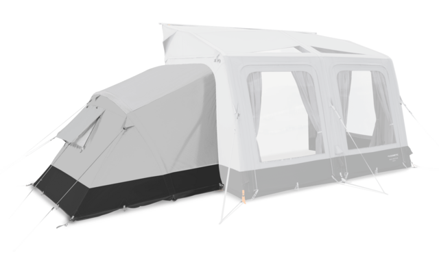 Gray-and-white tent with a rectangular annex, two large clear windows, tensioned guy lines and visible frame poles