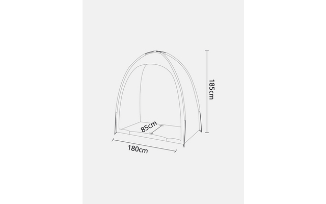Black-and-white line drawing of a dome-shaped tent with open front and dimensions labeled 180 cm (width), 85 cm (depth), 185 cm (height)