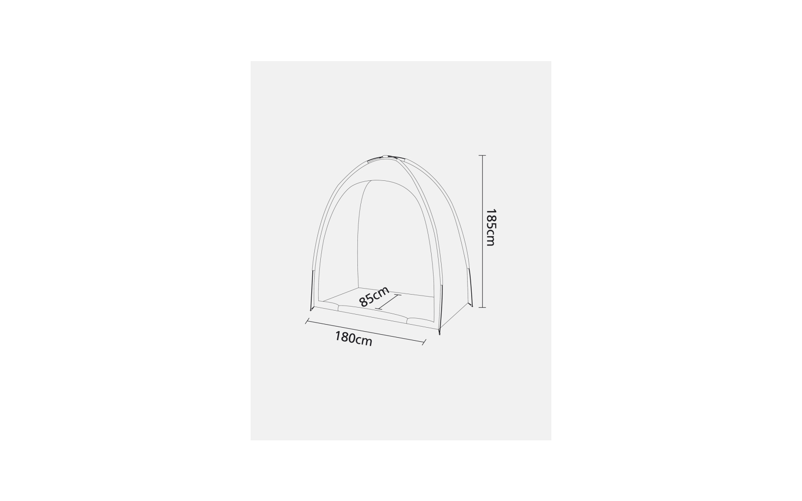 Black-and-white line drawing of a dome-shaped tent with open front and dimensions labeled 180 cm (width), 85 cm (depth), 185 cm (height)