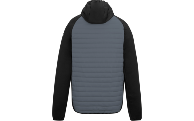 Rückenansicht einer Jacke mit grauem, horizontal gesteppter Rückenpartie, schwarzen Ärmeln und angenähter schwarzer Kapuze