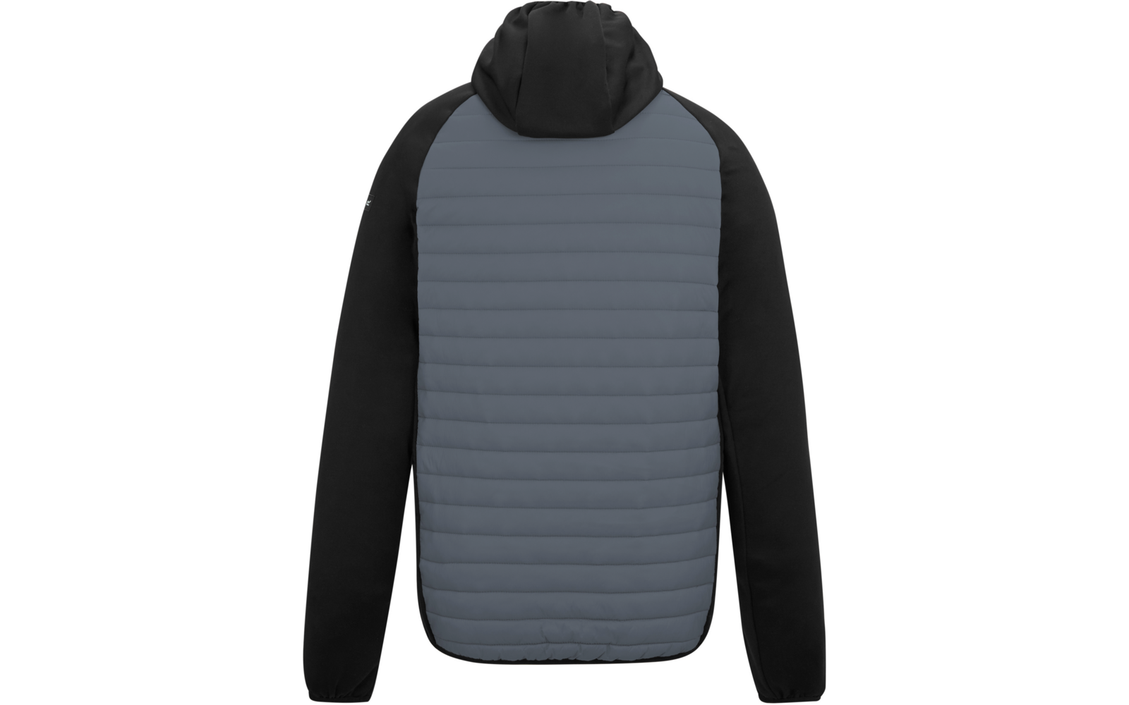 Rückenansicht einer Jacke mit grauem, horizontal gesteppter Rückenpartie, schwarzen Ärmeln und angenähter schwarzer Kapuze