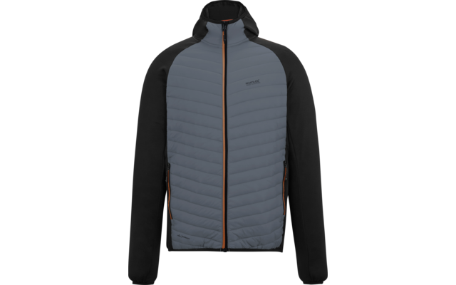 Kapuzenjacke mit durchgehendem Reißverschluss; hellgraues, horizontal gesteppetes Vorderteil, schwarze Ärmel und Seiten, orangefarbene Reißverschlussleiste und Zipper an zwei seitlichen Reißverschlusstaschen, kleines Logo auf der Brust