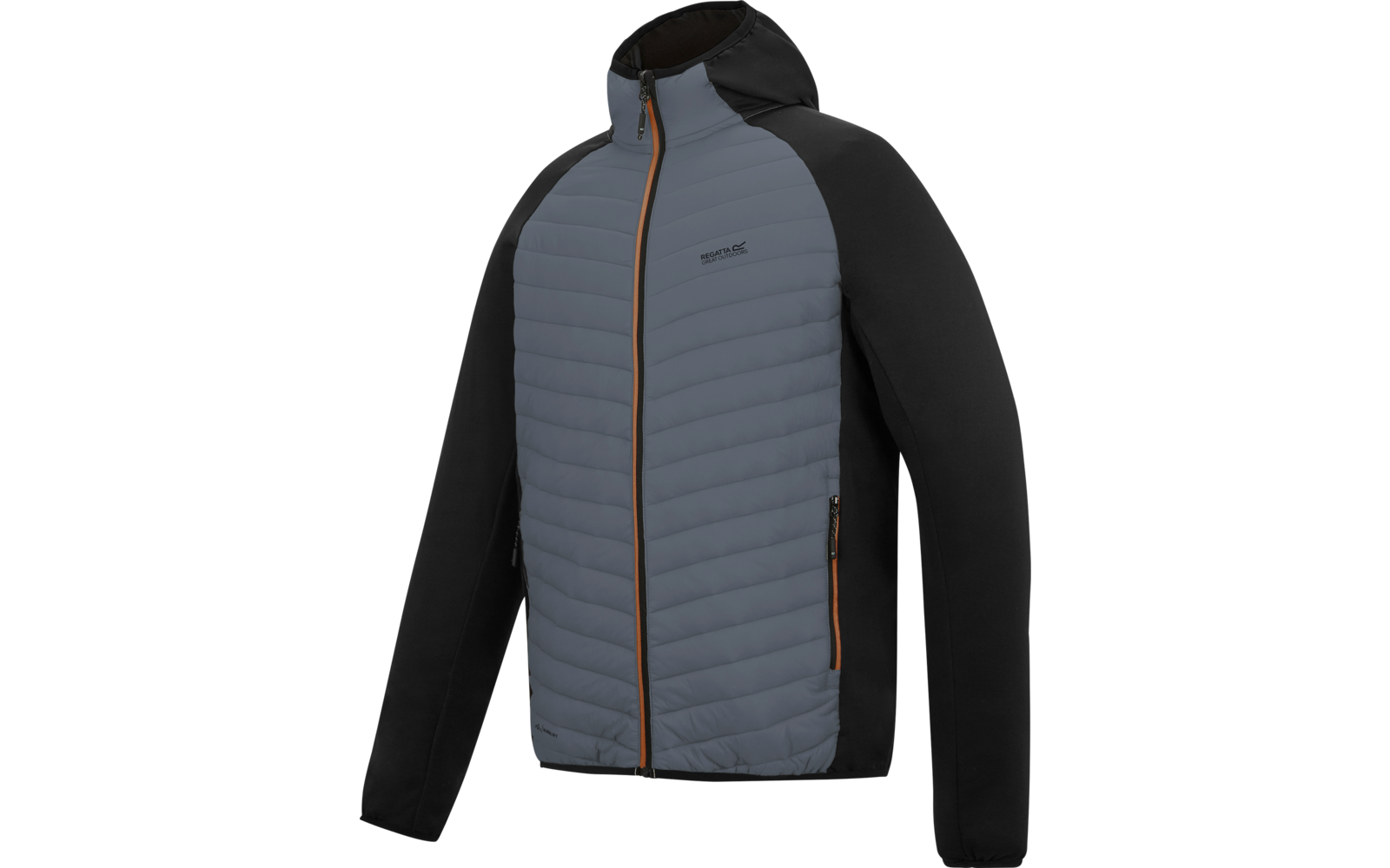 Jacke mit Kapuze, gesteppte hellgraue Vorderseite, schwarze Ärmel und Seiten, durchgehender Reißverschluss mit orangefarbener Kante, zwei seitliche Reißverschlusstaschen, kleines Logo auf der linken Brust