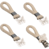 Four beige braided rope loops with silver metal butterfly-shaped clips on a white background, one clip open