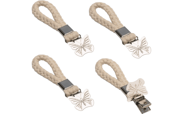 Four beige braided rope loops with silver metal butterfly-shaped clips on a white background, one clip open