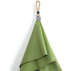 Green cloth with layered drape, hung from a braided beige loop with a gray butterfly ornament