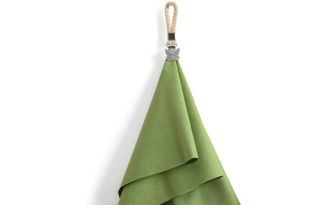 Green cloth with layered drape, hung from a braided beige loop with a gray butterfly ornament