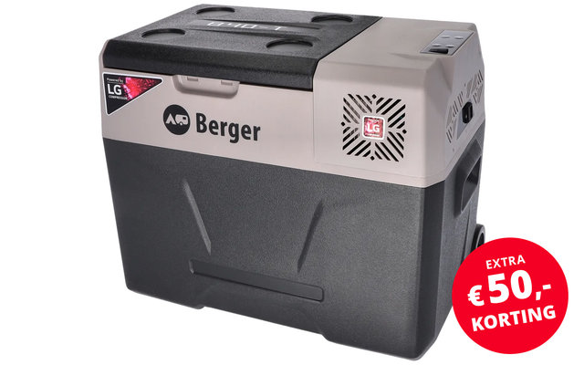 Draagbare koelbox in zwart en beige met LG-logo en handvat