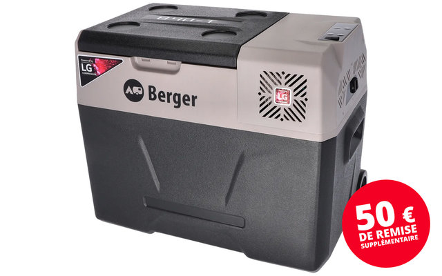 Glacière portable noire et beige avec logo LG et poignée