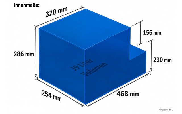 Scatola rettangolare blu a gradini con linee di misura nere e indicazioni in millimetri, testo 39 Liter Volumen sul lato, in basso a sinistra Innenmaße: e in basso a destra KI-generiert