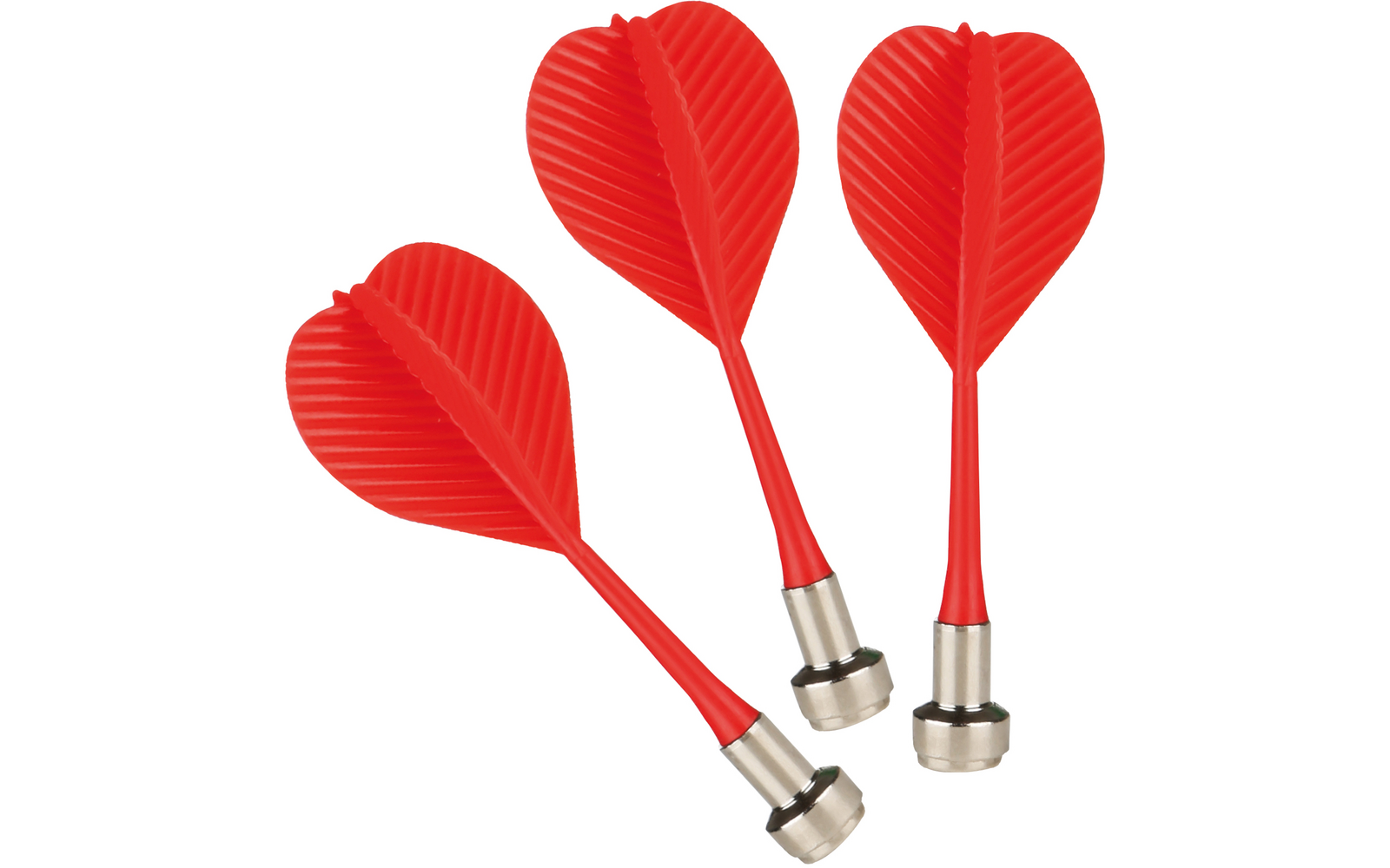 Drei rote Darts mit Metallspitzen auf weißem Hintergrund